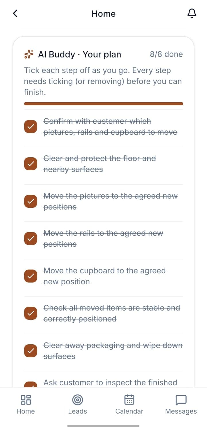 AI Buddy plan with all eight steps ticked off: 8 of 8 done