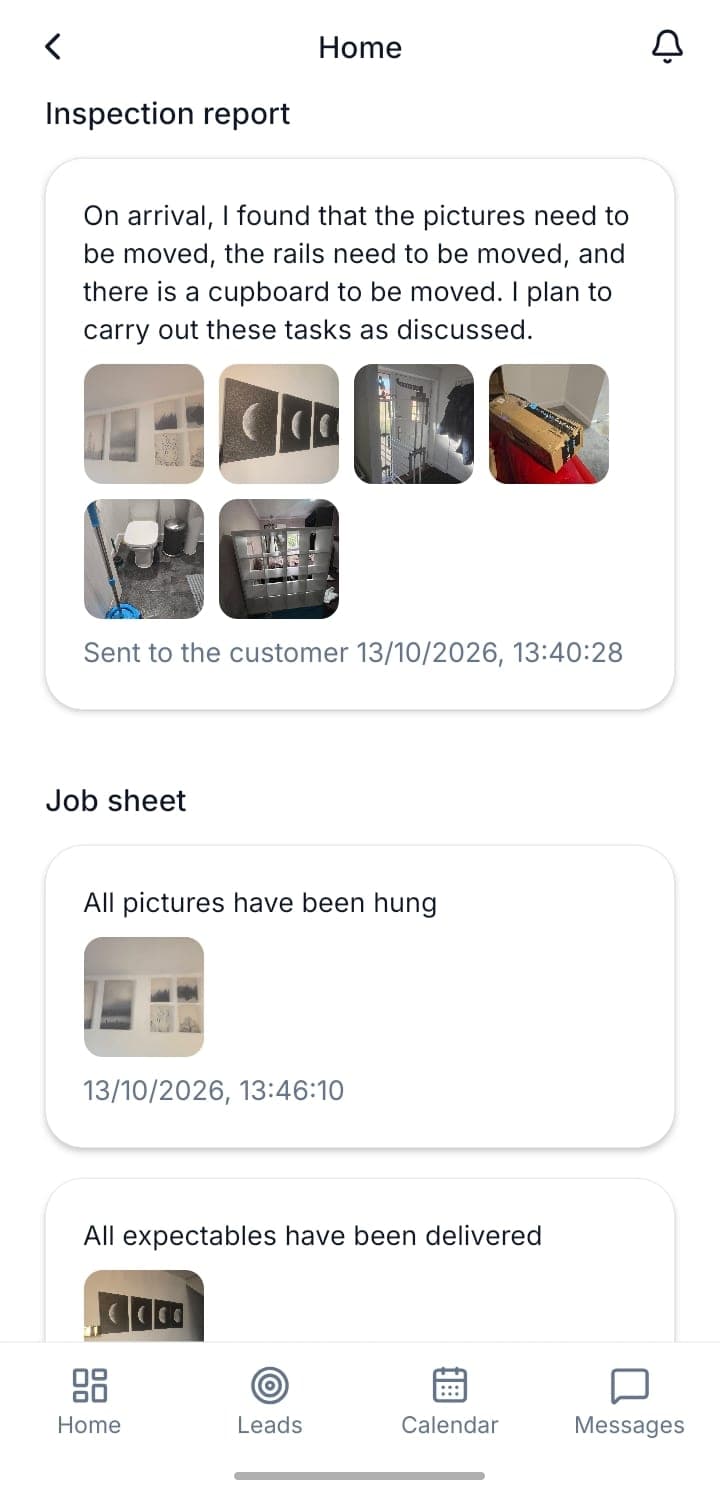 The inspection report as sent to the customer, with photos and the time it was sent