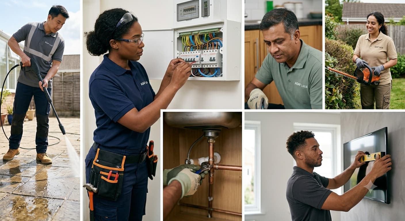 Real ASAP Local providers at work: pressure washing, electrical, plumbing, gardening and TV mounting